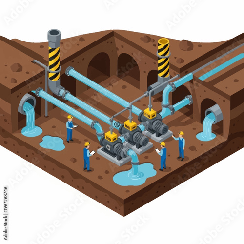 Isometric View of Underground Water Pumping Station with Workers.