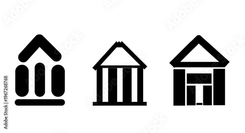 Three black and white house icons with varying designs