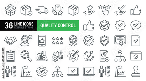Set of 36 Quality Control line icons set. Quality Control outline icons with editable stroke collection. Includes Quality Check, Inspection, Evaluation, Production, Improvement and More.