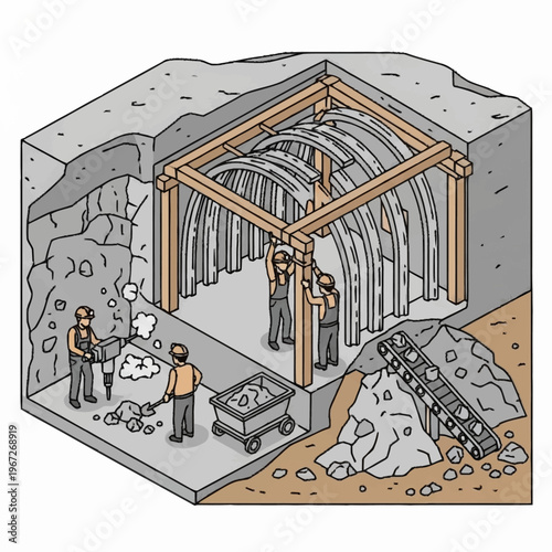 Construction of a Tunnel with Workers and Support Structure.