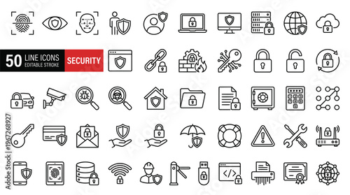 Set of 50 Security line icons set. Security outline icons with editable stroke collection. Includes Fingerprint, Firewall, Cyber Security, Protection, Secure Payment and More.