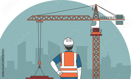 Construction worker wearing a safety hard hat and vest stands observing a large tower crane lifting heavy materials on an urban building site with city skyscrapers in the background.