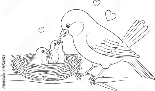 A gentle parent bird diligently feeds its two adorable, hungry baby chicks with an open beak, nestled safely within their cozy nest, portraying a beautiful scene of maternal love and natural care.