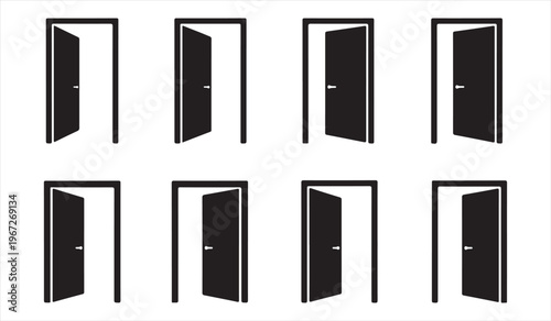 Door opening stages icon set black silhouette collection