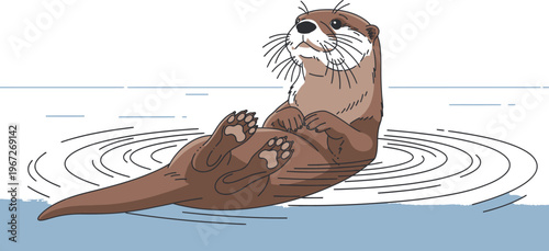 A charming cartoon otter floats peacefully on its back in calm water, with its paws tucked and a contented expression looking towards the sky, perfect for nature and animal themed designs.