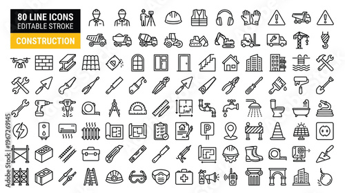 Set of 80 Construction line icons set. Construction outline icons with editable stroke collection. Includes Engineer, Construction Tools, Labour, Construction Vehicles, Villa, and More.