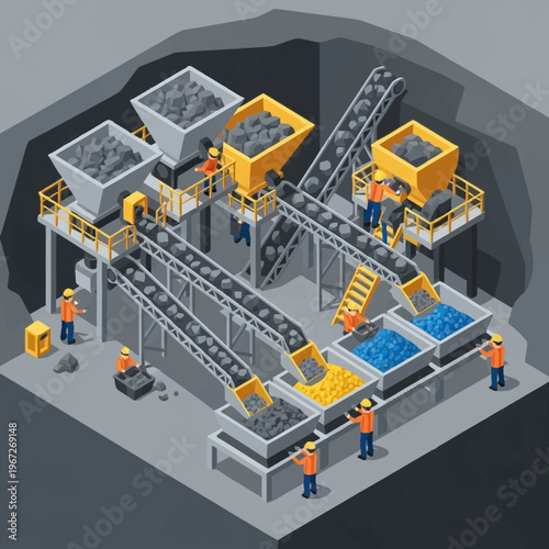 Isometric Coal Mining Operation with Conveyor Belts and Workers.