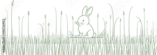 A charming white rabbit with pink ears sits peacefully amidst lush green grass in a bright, simple cartoon illustration, perfect for spring or Easter themes and designs.