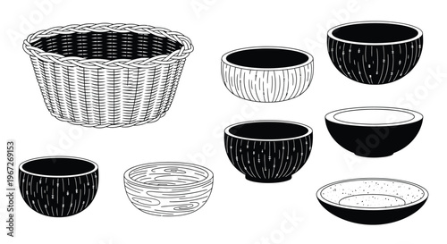 Collection of hand drawn bowls and a woven basket in black and white