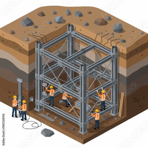 Construction Site with Workers Building a Steel Structure.