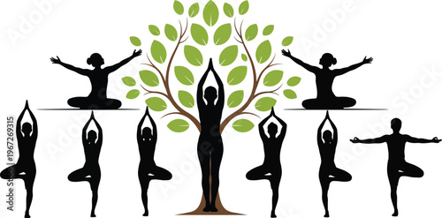 Silhouette yoga practice under a tree a serene illustration of wellness and mindfulness