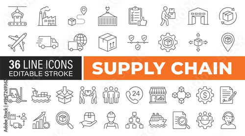 Set of 36 Supply Chain line icons set. Supply Chain outline icons with editable stroke collection. Includes Logistics, Management, Retailer, Cargo Ship, Labour, and More.