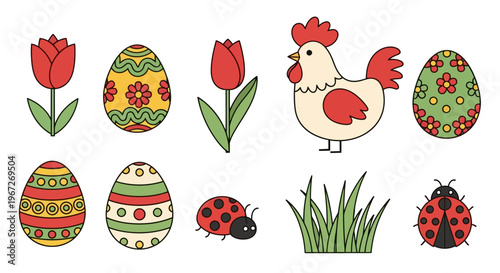 Colorful Easter eggs and ladybugs.