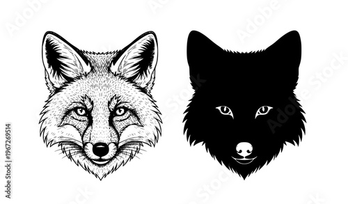 Contrasting Fox Head Designs – Detailed Engraving and Solid Silhouette Vector Illustration Set