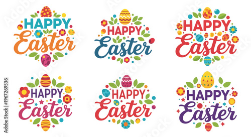 Colorful Happy Easter Text Logos.