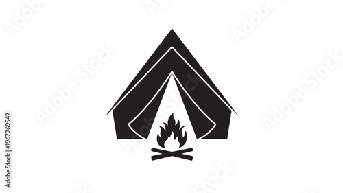 Tent and campfire icon with stylized black lines on a white background representing camping and outdoor adventures