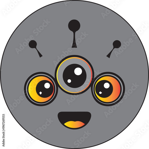 Cute cartoon three eyed alien monster face with happy smile and antennas
