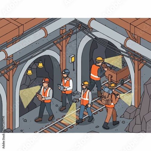 Isometric Illustration of Miners Working in a Mine Shaft.