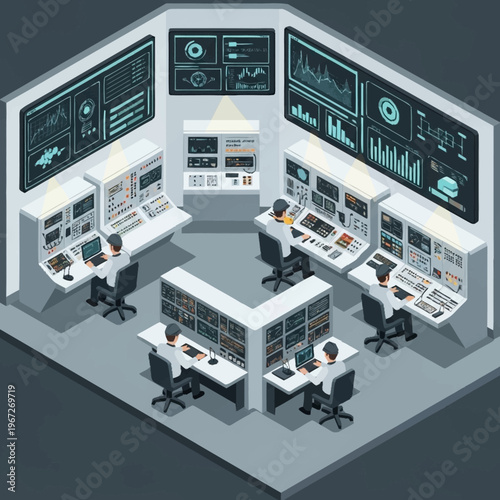 Isometric Control Room Illustration with Multiple Workstations and Large Displays.