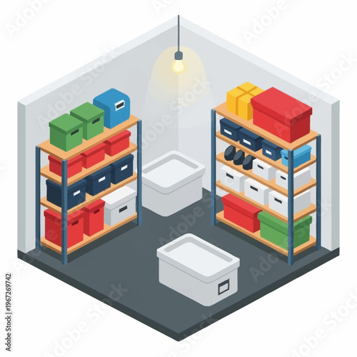 Isometric Storage Room with Shelves and Boxes Illustration.