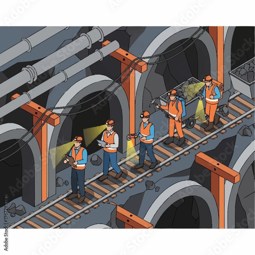 Isometric Illustration of Workers Inspecting Underground Tunnel System.
