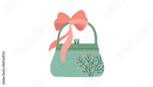 A beautiful green handbag with a pink bow and floral design illustration