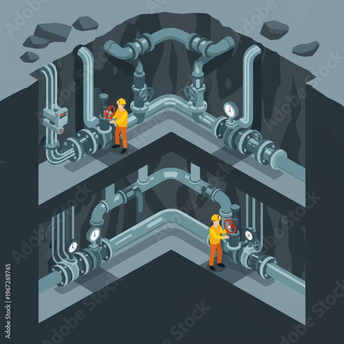 Isometric Underground Pipeline System with Workers Inspecting Valves.