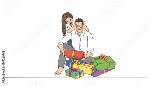 A cartoon illustration of a woman surprising a man with gifts