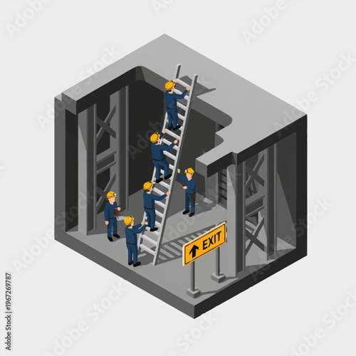 Isometric Construction Site with Workers and Exit Sign.