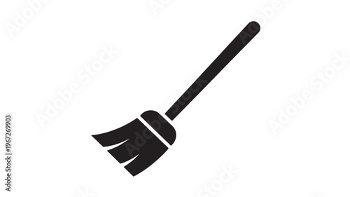 Broom icon with a long black handle and bristles, symbolizing cleaning and tidying in a simple graphic design.