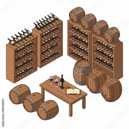 Schilderij op canvas Isometric Wine Cellar Illustration with Barrels and Racks.
