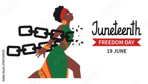 Juneteenth freedom day illustration with a woman breaking chains on June 19th