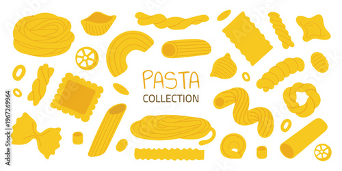 Italian pasta collection. Hand drawn spaghetti, penne, fusilli, farfalle and ravioli. Classic Italian cuisine concept for menu. Cute food set. Vector illustration isolated on white background.