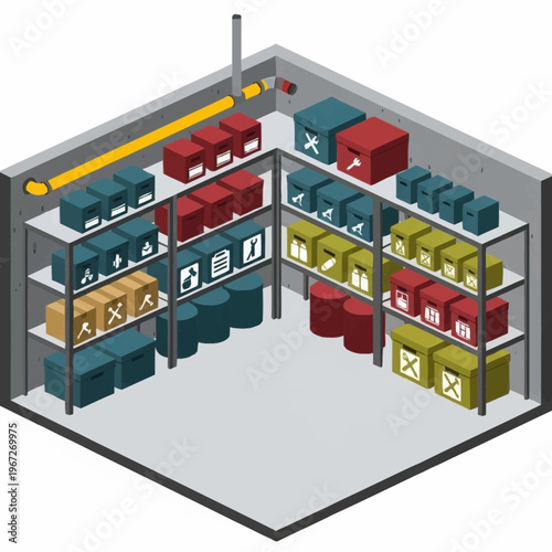 Isometric Warehouse Interior with Shelves and Stored Goods Illustration.