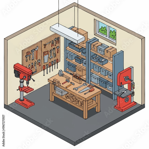 Isometric Workshop Illustration - Tools, Workbench, and Equipment.