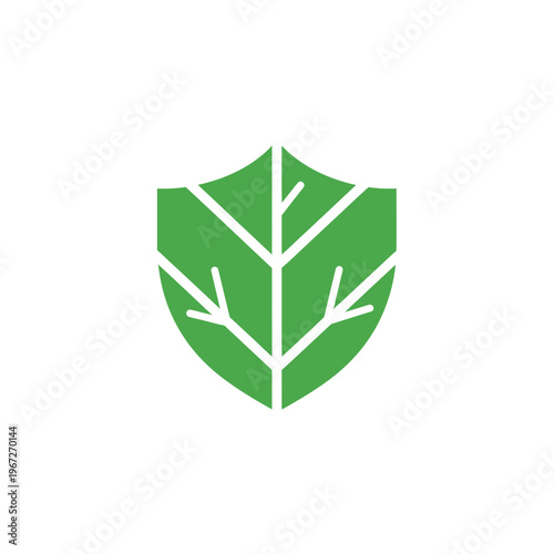 Green leaf shield logo representing nature protection and security, isolated white background