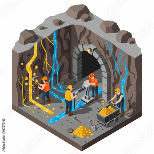 Isometric Gold Mine Illustration with Miners and Gold Veins.