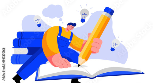 Man writing with large pencil.