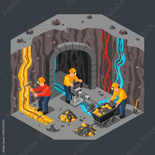 Isometric Gold Mine Illustration with Miners and Equipment.