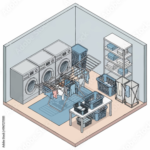 Isometric Laundry Room Illustration with Appliances and Storage.