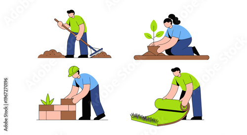 People gardening outdoors with tools.