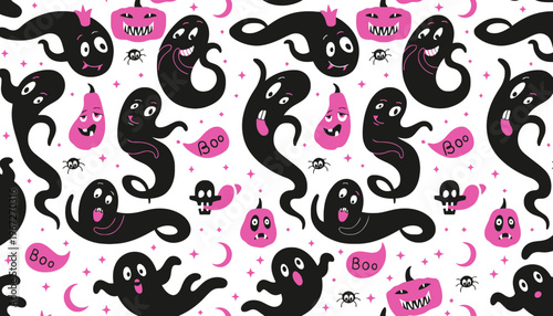 A ghost seamless pattern with pink pumpkins and spiders on white background