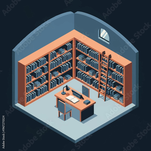 Isometric Library Room with Bookshelves, Desk, and Ladder Illustration.