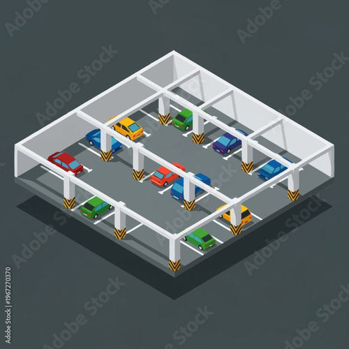 Isometric Parking Garage with Cars - A Colorful and Organized Design.