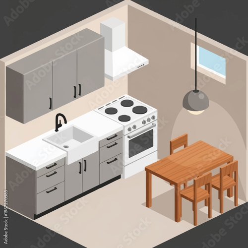 Isometric Kitchen Interior Design with Dining Area and Modern Appliances.