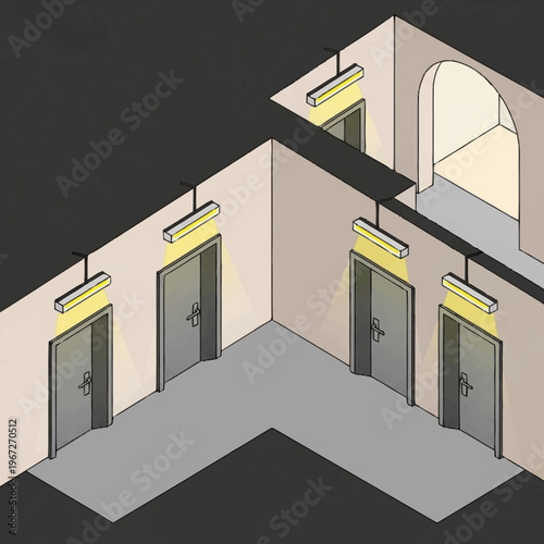 Isometric Prison Interior Illustration with Doors and Lighting.