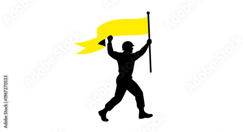 Man holding yellow flag up high.