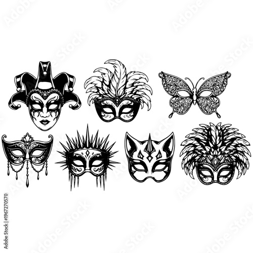 Collection of various hand drawn venetian carnival masks and masquerade elements including butterfly jester and feathered designs in detailed black and white engraving style for festive decoration.