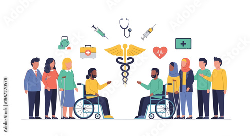 Diverse people with disabilities healthcare support teamwork flat design vector illustration