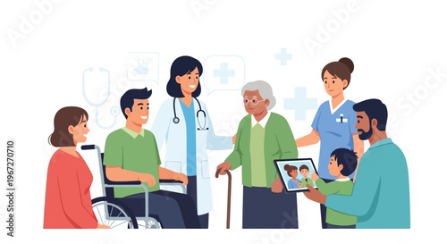 Diverse medical team and family discussing care vector illustration flat design